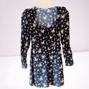Zara Floral Sweetheart Neckline Dress Black Lavender Long Sleeves Size XS